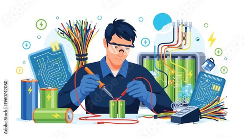 Battery Technician at Work: An engineer, deeply engrossed in a technical task, expertly solders the battery with precision.