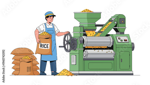 Rice Production Process: An illustration showcasing a worker operating machinery to process rice, highlighting the stages from harvesting to packaging in sacks, symbolizing industry, agriculture.