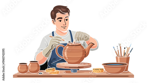 Artisan crafting ceramics: A focused artisan molds and refines a ceramic teapot with meticulous care, surrounded by tools of his craft.