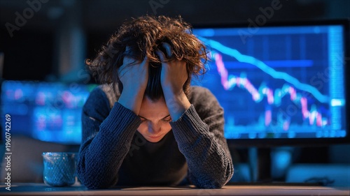 Stressed woman looking at falling financial stock market graph on digital monitor. Frustrated trader suffering from economic crisis and business loss. Global currency devaluation concept.