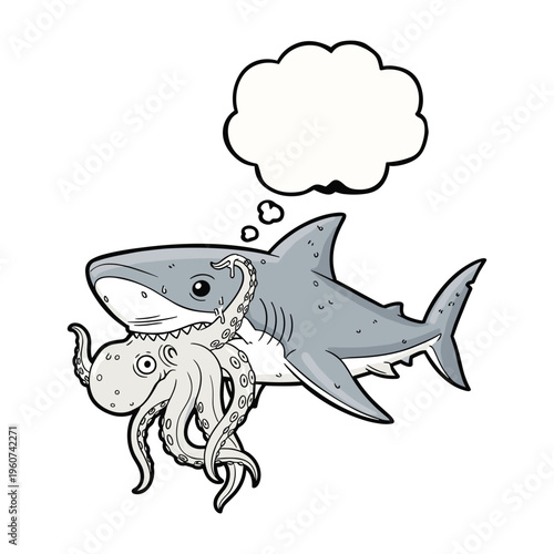 A cartoon illustration of a grey shark with an octopus wrapped around its body, both looking surprised