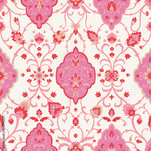 Romantic Pink Floral Damask Medallion Print
