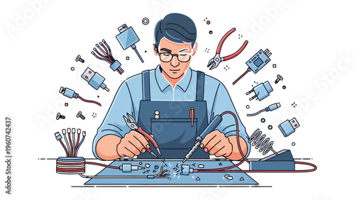 Tech Artisan at Work: A skilled artisan, engrossed in precision, meticulously welds and assembles intricate electronic components, showcasing dedication and expertise.