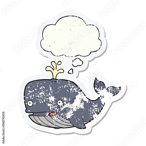 A distressed cartoon whale with wide eyes and an open mouth, spouting water and a thought bubble above its head