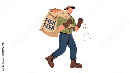 Man Carrying Fish Feed: A determined figure transports a burlap sack of fish feed, scattering a trail of pellets, embodying the essence of aquaculture labor and commitment to the industry.