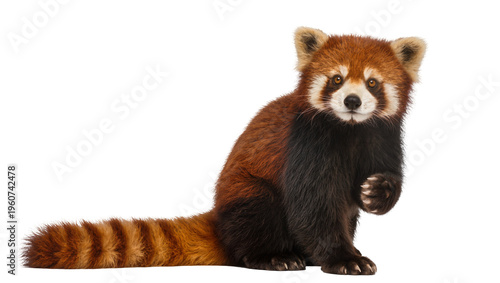 Adorable red panda with fluffy orange fur and black markings sitting attentively with one paw raised, isolated on transparent background for wildlife designs