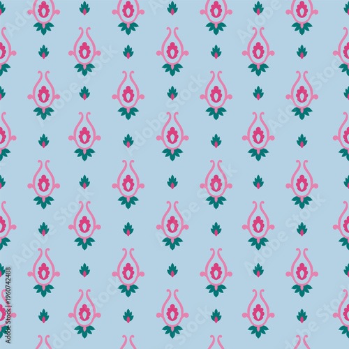 Light Blue Pink Folk Paisley Art