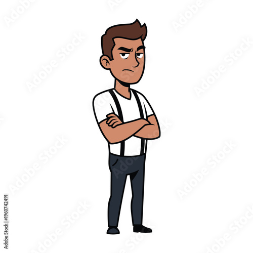 A cartoon illustration of a young man with a serious expression and crossed arms, standing confidently