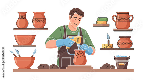 Potter at Work: A skilled artisan, engrossed in crafting beautiful pottery on the potter's wheel, embodies artistry and dedication, turning raw clay into exquisite forms.