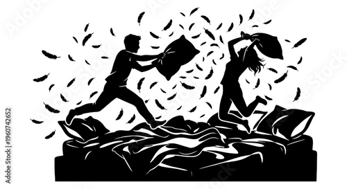 vector illustration of a couple enjoy pillow fighting 