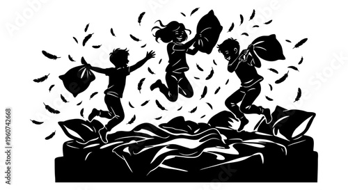 children playing pillow fight on the bed  