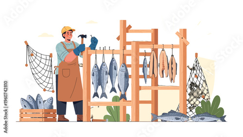 A Fisherman’s Harvest: A determined fisherman skillfully prepares his fresh catch, meticulously arranging the fish for drying. showcasing the essence of coastal life.