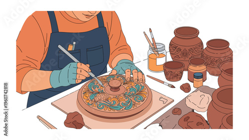Artisan at Work: An artisan meticulously applies finishing touches to an earthenware creation, surrounded by tools and works-in-progress, highlighting the dedication and artistry of craftsmanship.