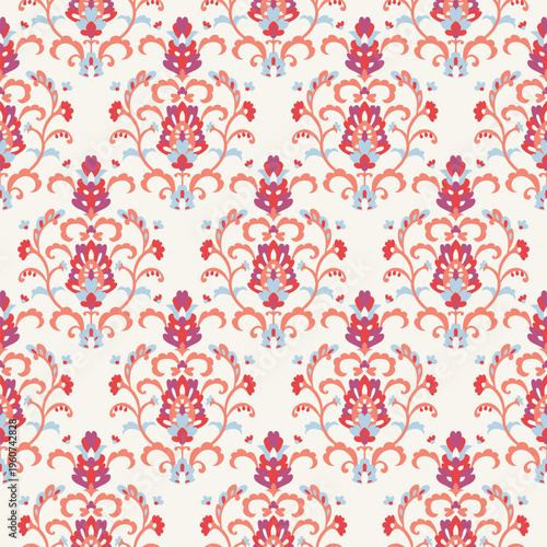 Red Blue Classic Floral Damask Print