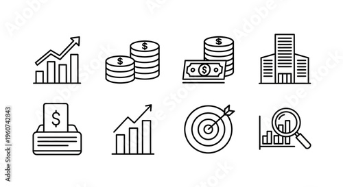 Set of financial and business icons representing growth, money, analysis, and success in the corporate world