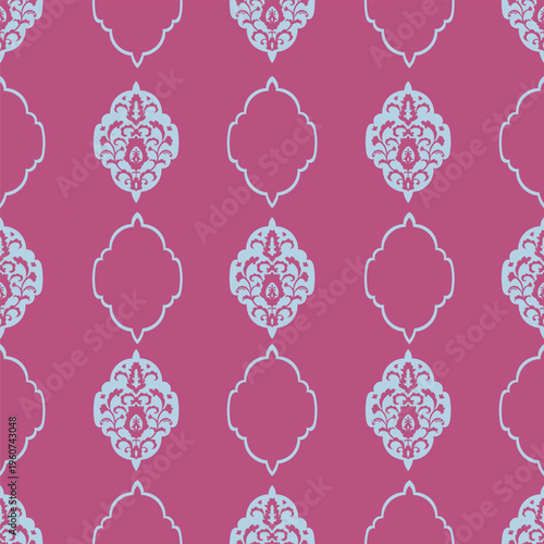 Magenta Blue Floral Damask Silhouette Motif