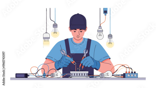 Electrical Circuit Engineer: A skilled electrician focused and meticulously working on intricate electrical circuits, demonstrating precision and expertise in the realm of electricity and technology