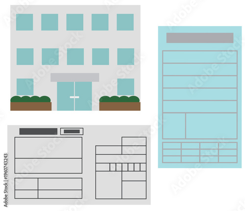 交通反則金の納付手続きをイメージした青切符と納付書と建物のイラストセット