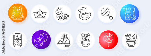 Toy children set icon. Line style icons display teddy bear, paper boat, caterpillar toy, rubber duck, rattle ball, soap bubbles, toy phone, dice cubes, windup mouse, plush bear, pinwheel