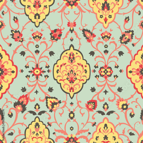 Teal Yellow Red Floral Damask Print