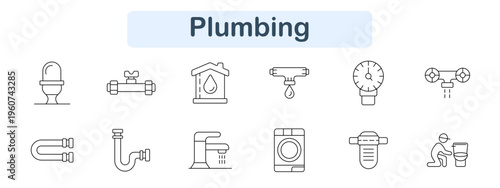Plumbing set icon. Toilet, valve pipe, house water drop, dripping faucet, pressure gauge, dual valve, pipe bend, siphon, mixer tap, washing machine, bidet, repair worker. Water system visuals