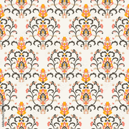 Cream Orange Pink Floral Damask Layout