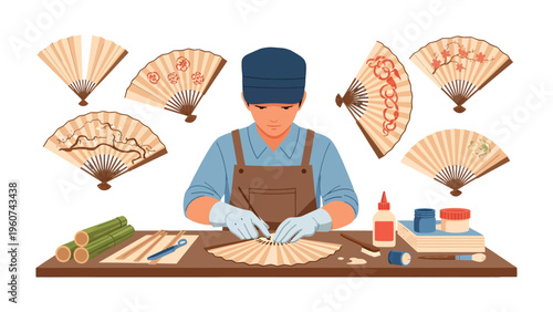 Crafting the Breeze: A skilled artisan meticulously works on a traditional fan, showcasing the artistry of Japanese craftsmanship. A glimpse into the delicate process.