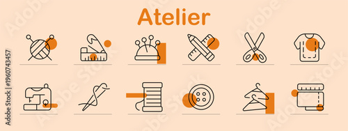 Atelier set icon. Line collection with yarn ball, iron tool, pincushion, crossed pencils, scissors, t shirt, sewing machine, needle thread, spool, button, hanger, fabric piece.