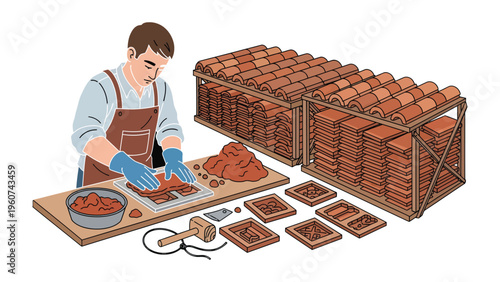 Brickmaking: An illustrated depiction of a skilled artisan meticulously crafting bricks using traditional methods and tools.