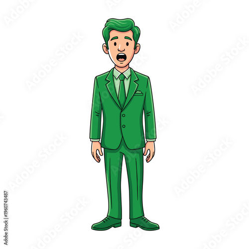 A full-body cartoon illustration of a surprised man with green hair and a matching green suit, standing with his mouth open