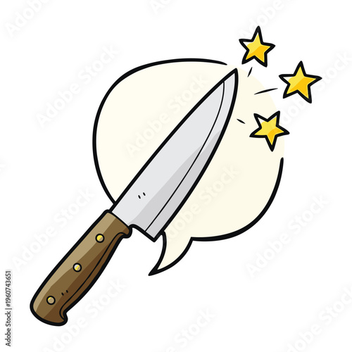 Cartoon illustration of a sharp kitchen knife with a speech bubble and stars indicating its sharpness