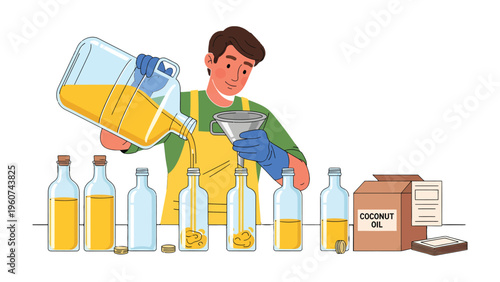 Oil Pouring Process: A worker meticulously pours oil into glass bottles. The scene depicts the process of filling and packaging products for use.