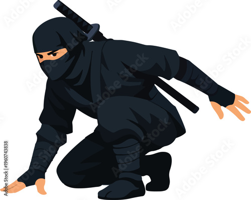 Ninja Stealth Pose Flat Illustration Vector Design
