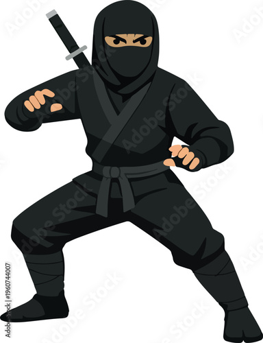 Ninja Standing Ready Pose Flat Vector Illustration