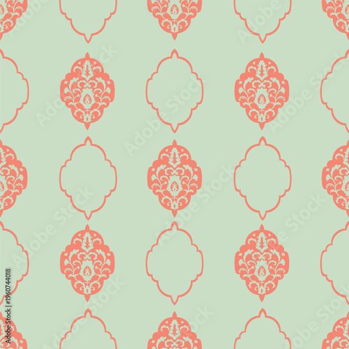 Mint Peach Floral Damask Silhouette Art