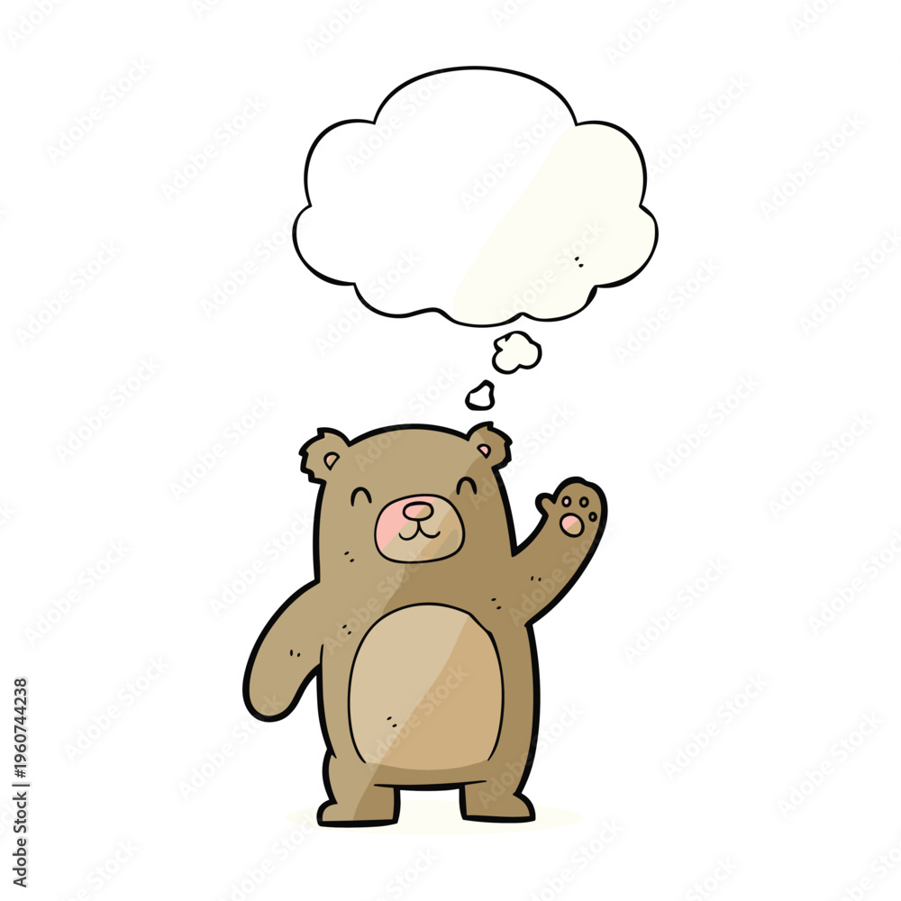Fototapeta premium A friendly cartoon teddy bear with a thought bubble above its head, waving hello with a smile