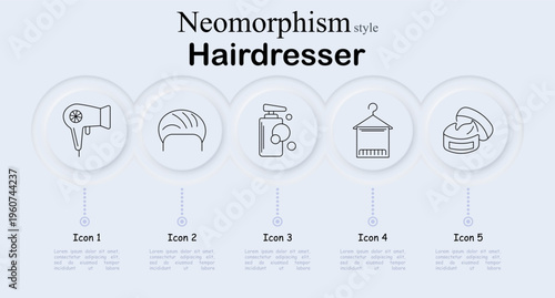 Hairdresser set icon. Neomorphism style interface with hair dryer device, hairstyle head, cosmetic shampoo bottle, clothing hanger with towel, cream jar. Soft round buttons.