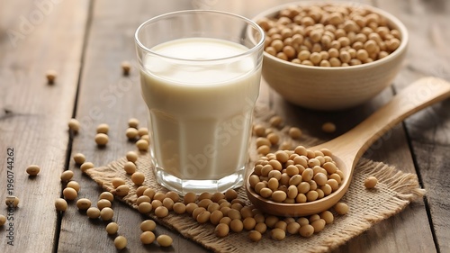 Glass of Fresh Soy Milk Served with Dried Soybeans in a Wooden Spoon and Bowl on Rustic Table