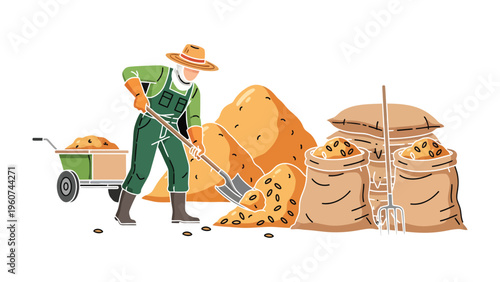 The Farmer at Work: An illustration depicting a farmer diligently working with sacks and seeds. The farmer is portrayed in the midst of farming tasks, working with seeds.