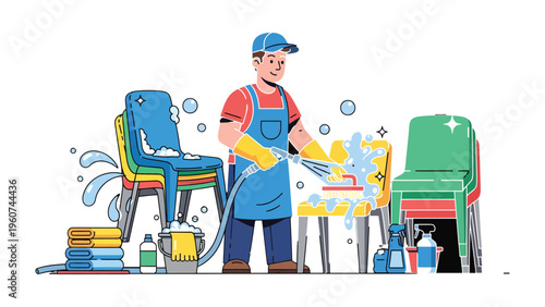 Chair Restoration in Progress: A dedicated cleaner diligently cleans and restores vibrant chairs, utilizing professional techniques to rejuvenate each piece, creating a fresh and inviting aesthetic.