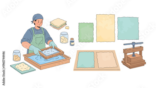 Paper Maker at Work: Illustrative depiction of a craftsperson diligently involved in the traditional art of paper making.