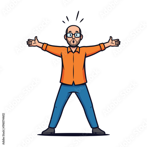 A man with glasses and a beard stands with his arms outstretched and a surprised expression