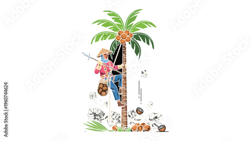 Coconut Climber: A person in traditional attire expertly ascends a towering coconut tree, skillfully harvesting ripe coconuts amidst lush foliage.