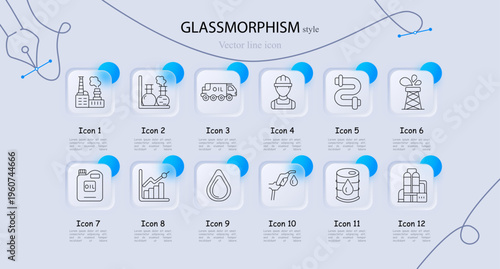 Oil gas energy industry set icon. Line symbols with refinery plant towers, laboratory chemical flasks, oil tanker truck, worker helmet, pipeline connector, drilling rig tower, oil container can