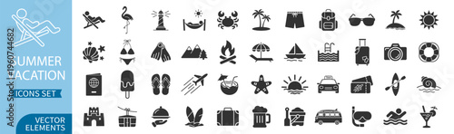 Travel summer beach tourism glyph icon set on transparent background