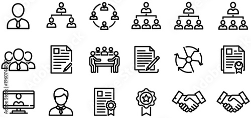"Business teamwork line icons set with organizational charts, collaboration, meetings, workflow, documents, leadership, handshake, and professional management concepts"