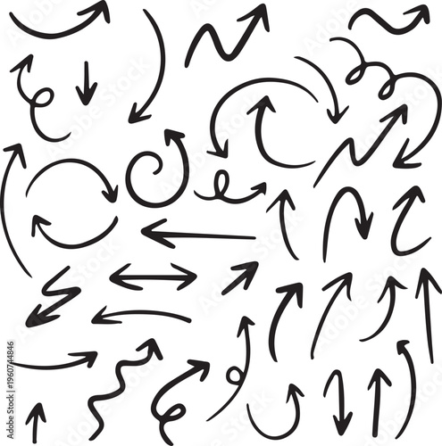 A large collection of hand drawn black arrow icons in various shapes and directions