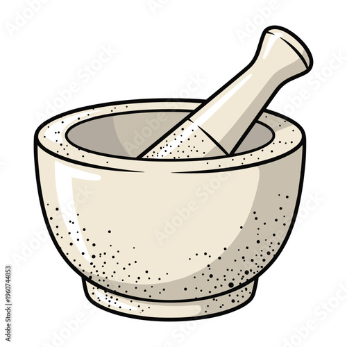 A simple drawing of a mortar and pestle with specks inside, used for grinding and crushing substances