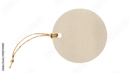 Foto Round kraft paper tag with a jute twine string, elegantly suspended and isolated
