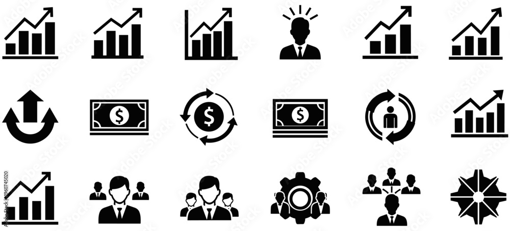 Fototapeta premium Business and finance icons set with growth charts, teamwork, leadership, money exchange, strategy, innovation, and organizational success illustration